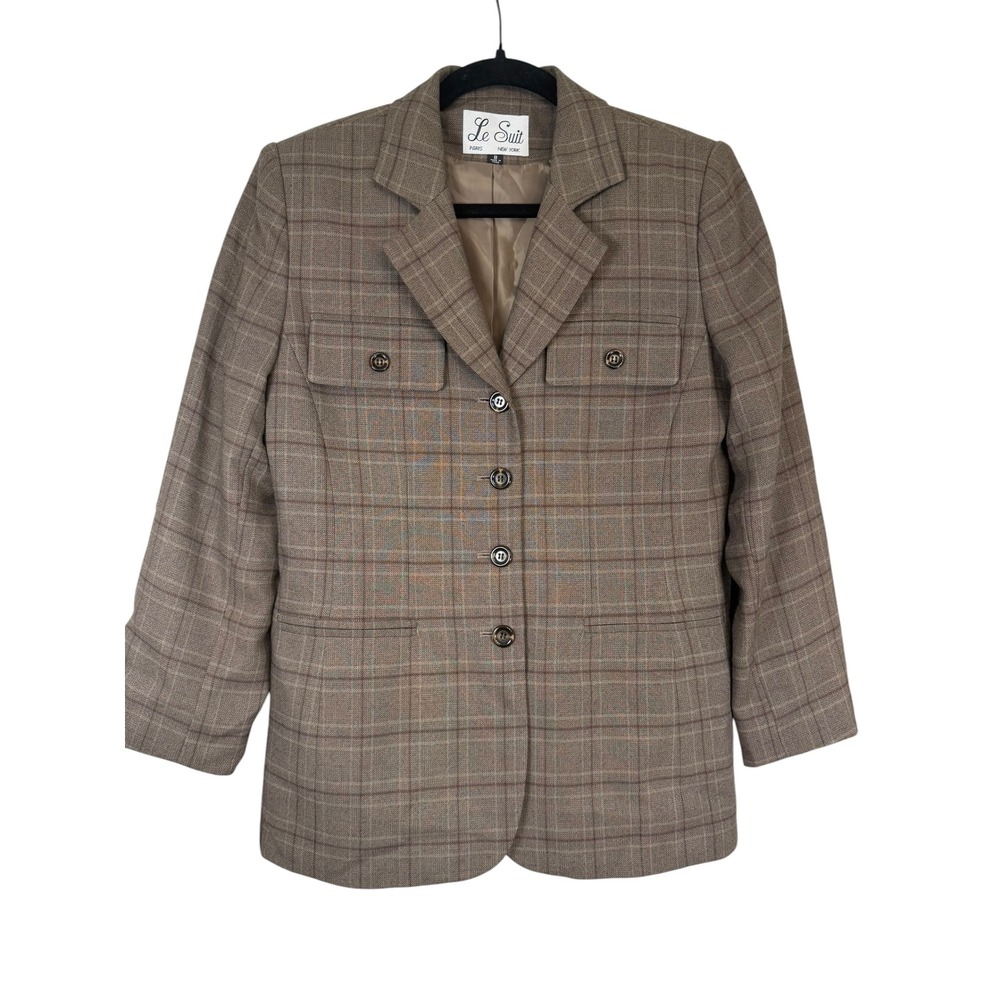 Le Suit Paris New York Brown Plaid Blazer Jacket Size 8 Professional Business